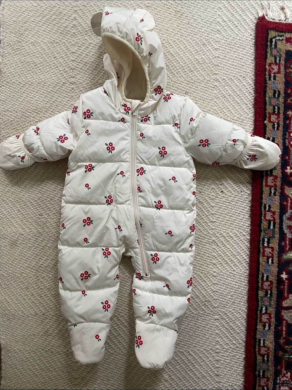 White Floral Puffer One-Piece Snowsuit for Kids